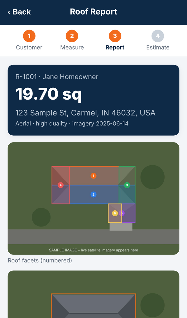 Pro Roof Estimator roof report on a phone
